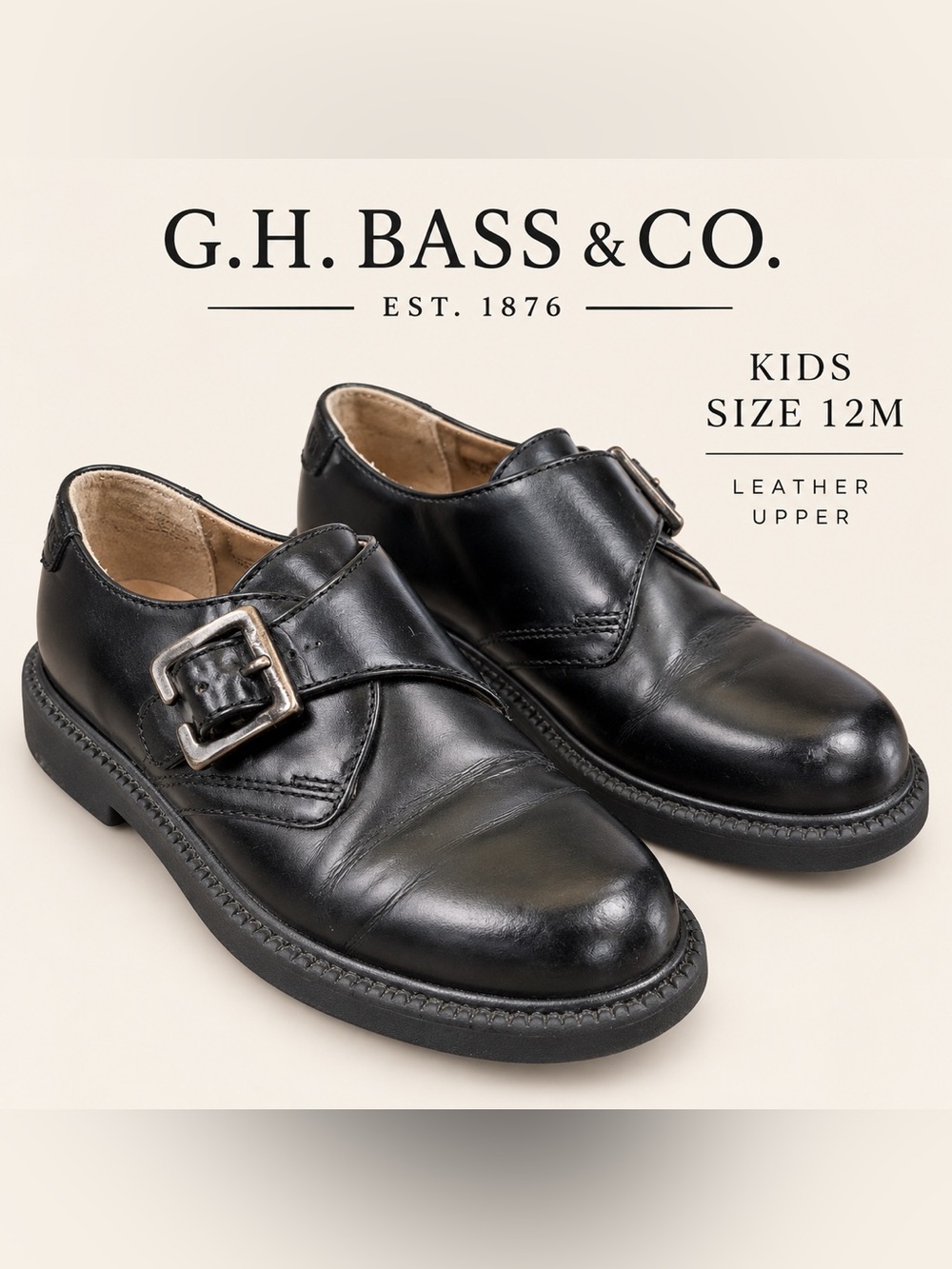 G.H. Bass & Co. Kids Black Leather Buckle Dress Shoes 12M